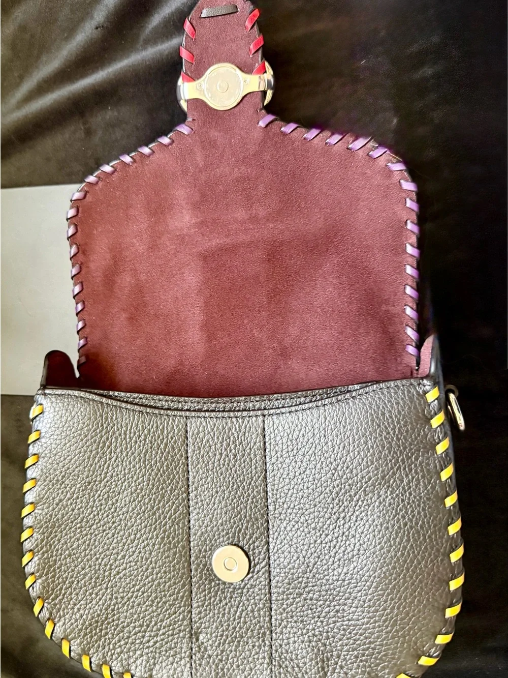 Coach Black Leather Crossbody with Pink, Yellow & Red Stitching